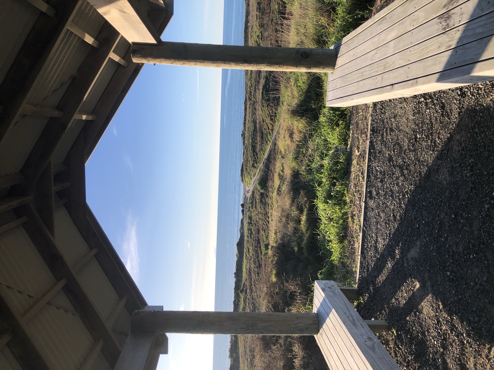 View of the dunes and ocean through a shelter on the Motu Dunes trail.   